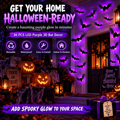 Purple Glow 3D Bat Wall Decor – 36PCS Halloween Set 🦇