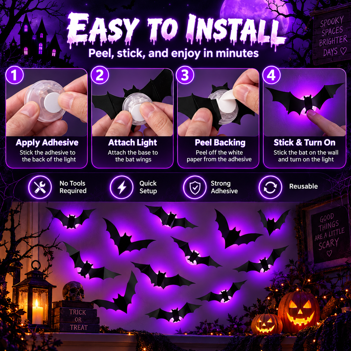 Purple Glow 3D Bat Wall Decor – 36PCS Halloween Set 🦇