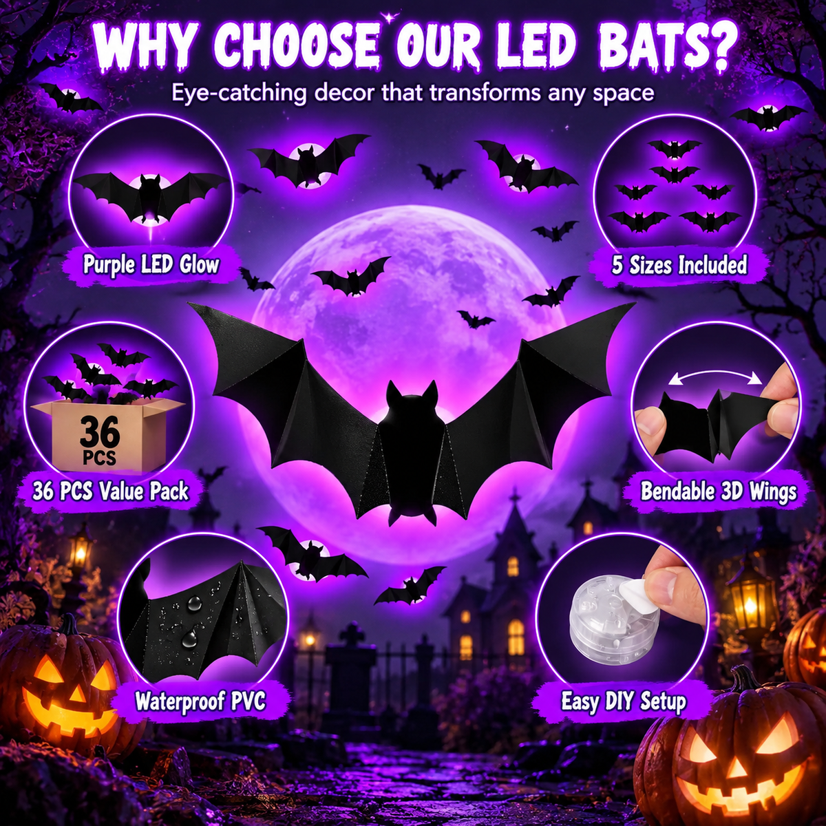 Purple Glow 3D Bat Wall Decor – 36PCS Halloween Set 🦇