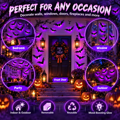 Purple Glow 3D Bat Wall Decor – 36PCS Halloween Set 🦇