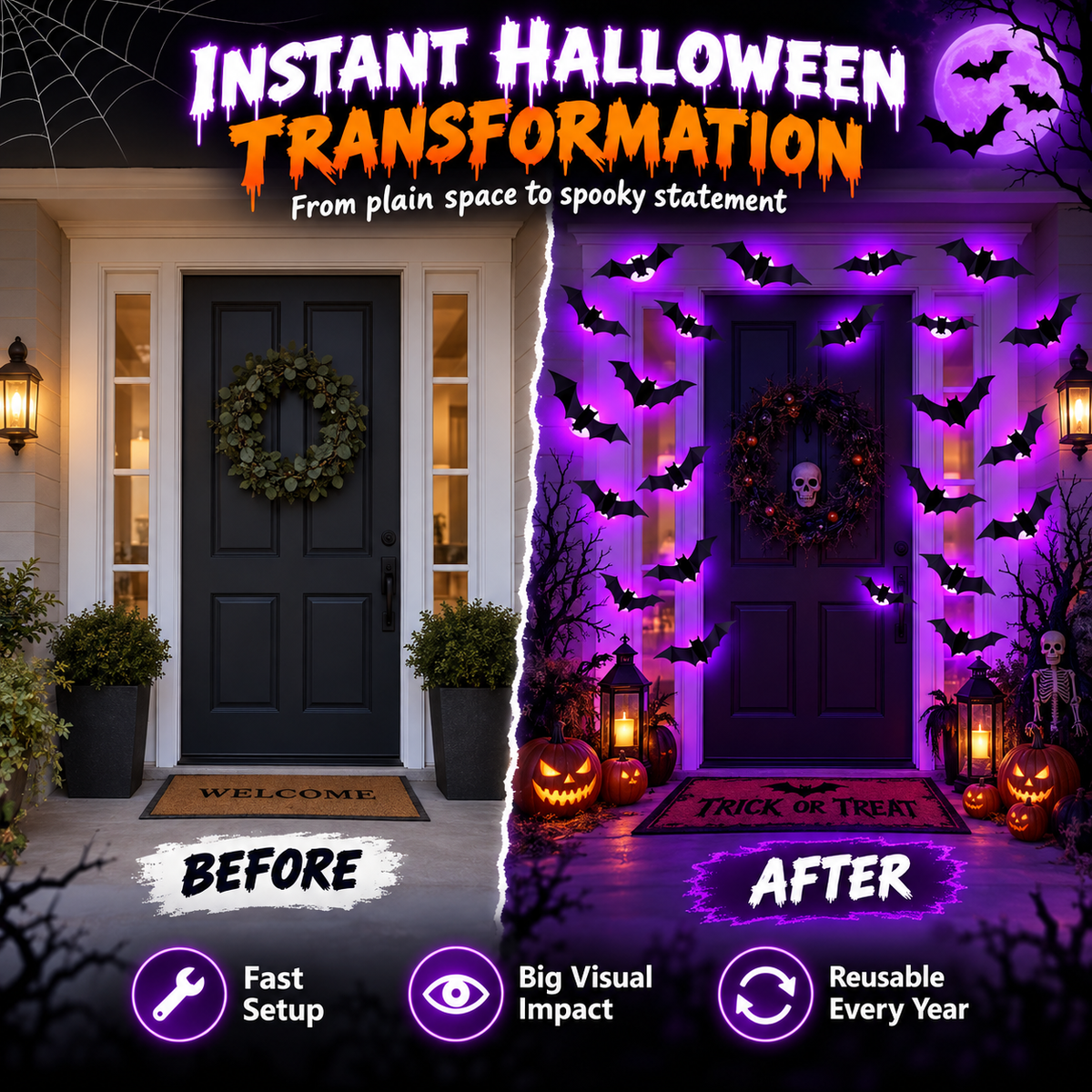 Purple Glow 3D Bat Wall Decor – 36PCS Halloween Set 🦇